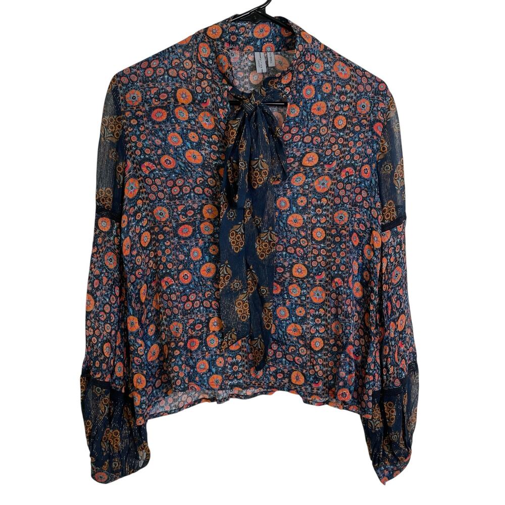 Blink London Floral Blouse Womens XXS Tie Neck Multicolor Balloon Sleeve Sheer
